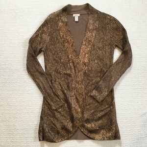 Chicos Cardigan Sweater Womens Size 0 Brown Metallic Textured Long Sleeve